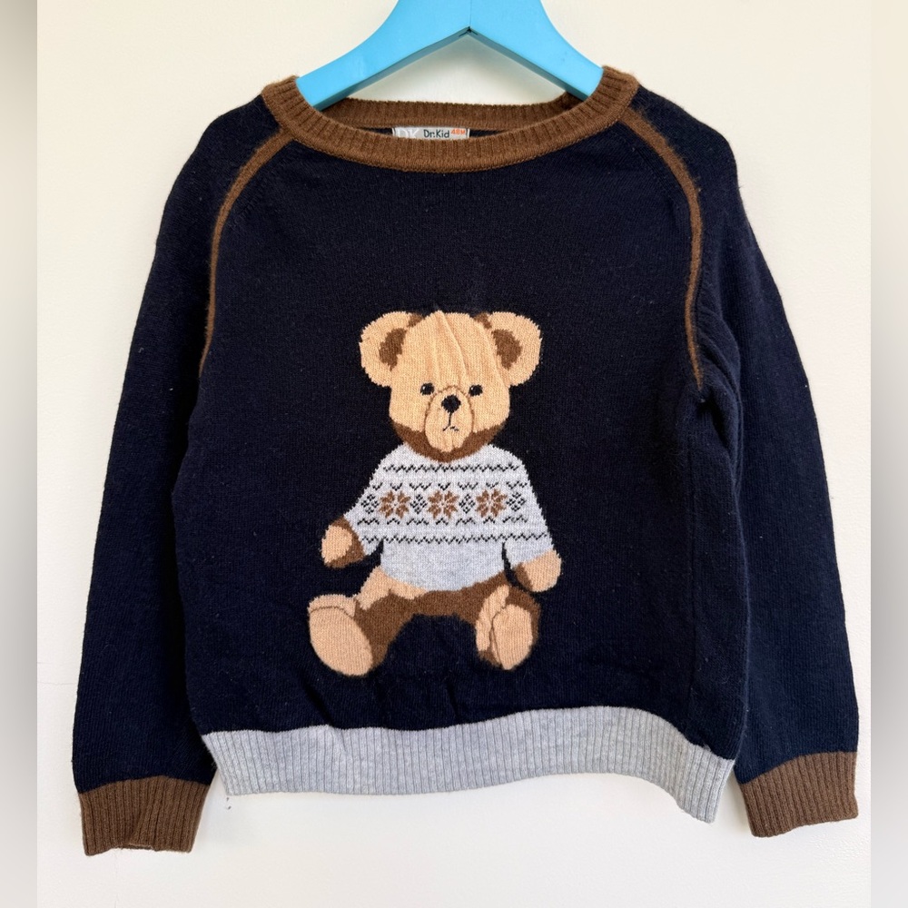 Kids Navy Bear Sweater with Brown Trim